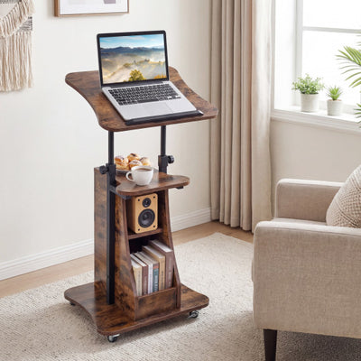Mobile Podium Stand Height Adjustable Laptop Cart with Tilting Tabletop and Storage Compartments-Rustic Brown