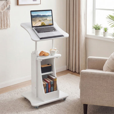 Mobile Podium Stand Height Adjustable Laptop Cart with Tilting Tabletop and Storage Compartments-White