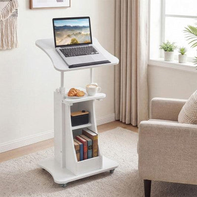 Mobile Podium Stand Height Adjustable Laptop Cart with Tilting Tabletop and Storage Compartments-White