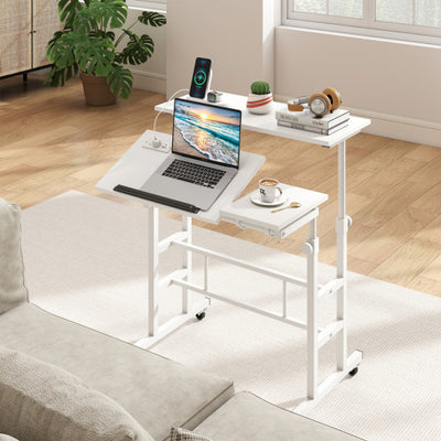 Mobile Stand-up Computer Desk Adjustable with 2 Tilting Desktops-White