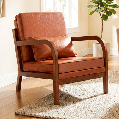 Modern Accent Chair Faux Leather Linen Fabric Upholstered Armchair-Brown
