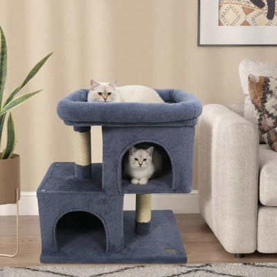 Modern Cat Tree Space-saving Cat Tower with Upholstered Perch and 2 Cat Condos-Dark Grey
