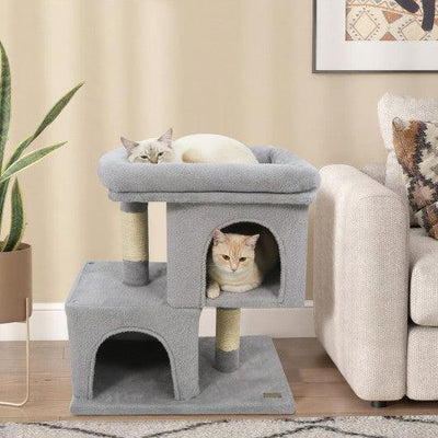 Modern Cat Tree Space-saving Cat Tower with Upholstered Perch and 2 Cat Condos-Gray