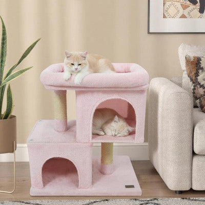 Modern Cat Tree Space-saving Cat Tower with Upholstered Perch and 2 Cat Condos-Pink
