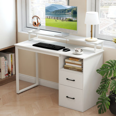 Modern Computer Desk with Power Outlets and File Drawer-White