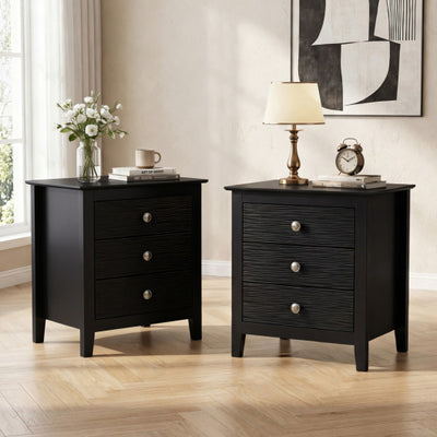 Modern Farmhouse 3-Drawer Night Stand with Wood Grain Accents for Bedroom-Black
