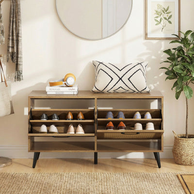 Modern Freestanding Shoe Cabinet with 2 Flip Drawers and Adjustable Shelves for Entryway-Natural