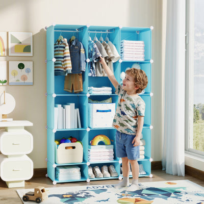 Modular Baby Wardrobe with 13 Cubes and Hanging Rod and Shelves Stackable-Blue