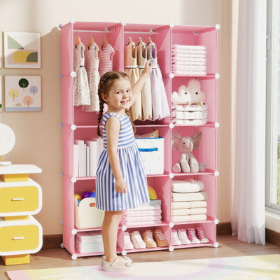 Modular Baby Wardrobe with 13 Cubes and Hanging Rod and Shelves Stackable-Pink