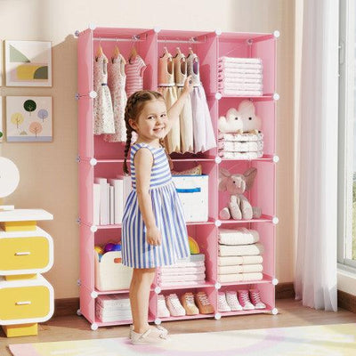 Modular Baby Wardrobe with 13 Cubes and Hanging Rod and Shelves Stackable-Pink
