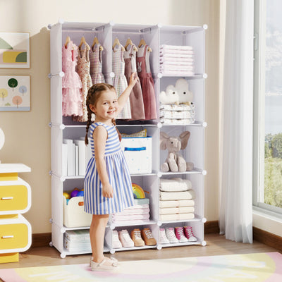 Modular Baby Wardrobe with 13 Cubes and Hanging Rod and Shelves Stackable-White