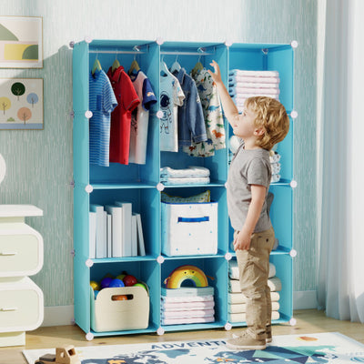 Modular Baby Wardrobe with 10 Cubes & Hanging Rod and Shelves Stackable-Blue