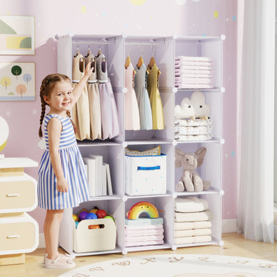 Modular Baby Wardrobe with 10 Cubes & Hanging Rod and Shelves Stackable-White