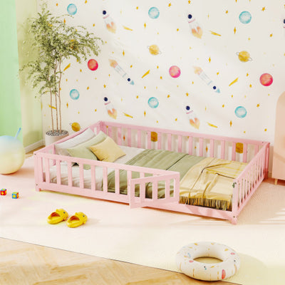 Montessori Bed Frame with Full-length Guardrails Safety Door and Latch-Pink