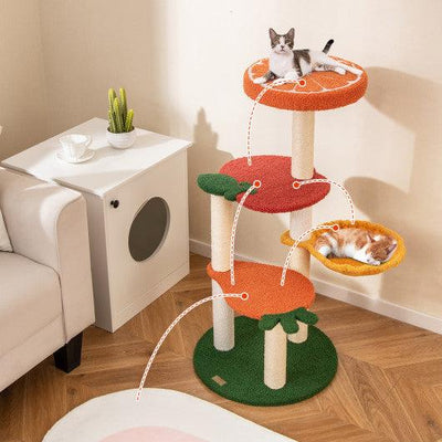Multi-level Cat Tree Pet Activity Center with Fruit-shaped Platforms-Red and Orange