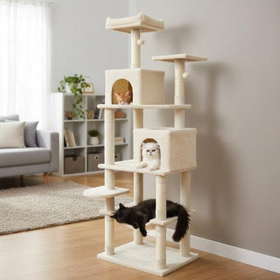 Multi-level Cat Tree Modern Cat Tower with Upholstered Perch and 2 Cat Condo-Beige