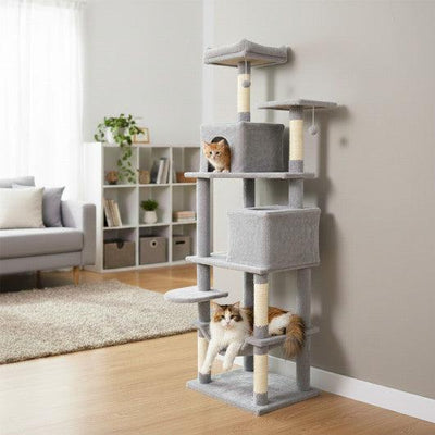 Multi-level Cat Tree Modern Cat Tower with Upholstered Perch and 2 Cat Condo-Gray