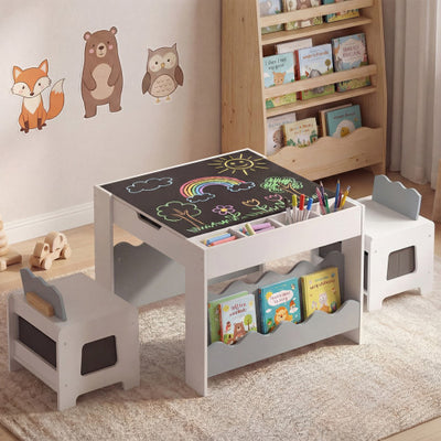 Multi-purpose Activity Kids Table and Chairs Set with Double-sided Tabletop-Gray