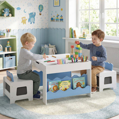 Multi-purpose Activity Kids Table and Chairs Set with Double-sided Tabletop-Blue