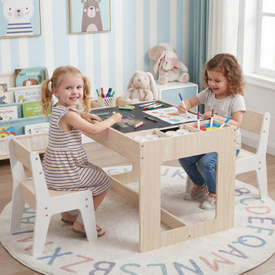 Multifunctional Kids Table and 2 Chairs Set with Chalkboard-Natural
