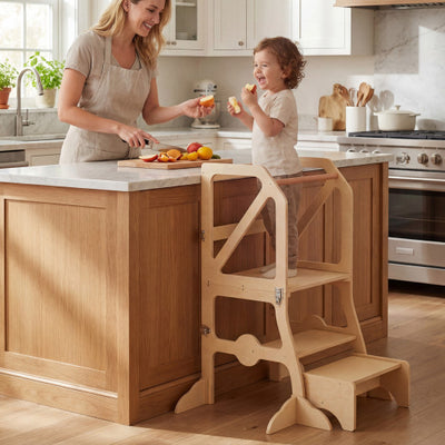 Multifunctional Kids Kitchen Step Stool with Removable Safety Bar and Fixing Buckles