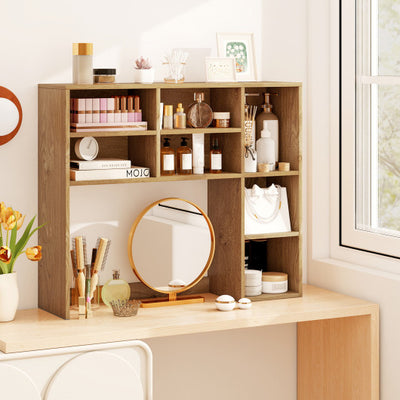 Desktop Bookshelf with 7 Open Cubbies and 3 Adjustable Shelves-Natural