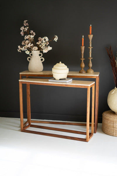 Set of 2 Nesting Travertine Console Tables with Acacia Wood Bases