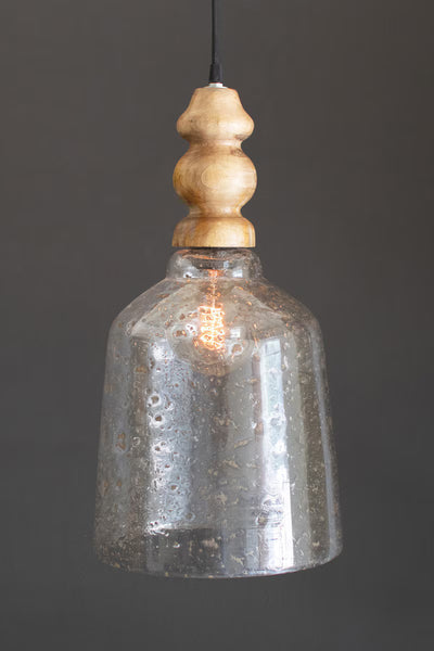 CLEAR PEBBLED GLASS PENDANT LIGHT WITH WOODEN FINIAL