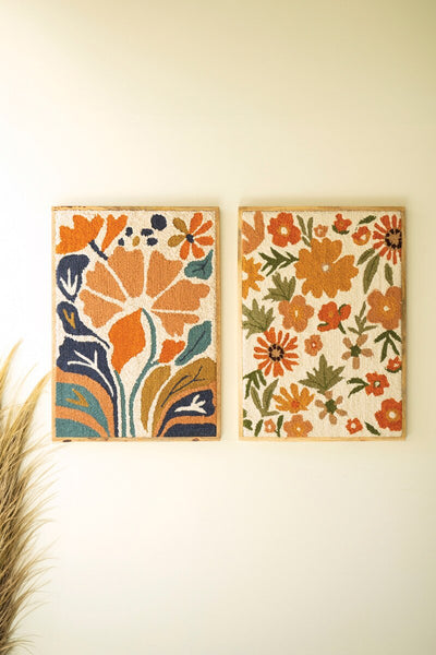 SET OF TWO WOOD FRAMED HAND HOOKED WALL ART - FLORALS