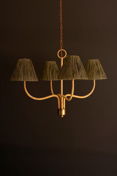 RATTAN-WRAPPED CHANDELIER WITH RAFFIA SHADE