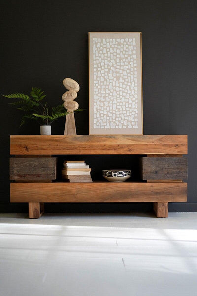 RECYCLED AND ACACIA WOOD CONSOLE TABLE WITH TWO DRAWERS