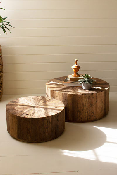 SET OF TWO RECYCLED WOOD ROUND COFFEE TABLES