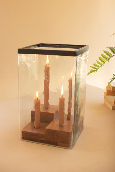 LARGE GLASS HURRICANE WITH FOUR TAPER HOLDER WOOD BASE