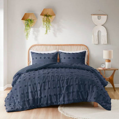 Full/Queen 3 Piece Navy Pompom Microfiber Hypoallergenic Comforter Set