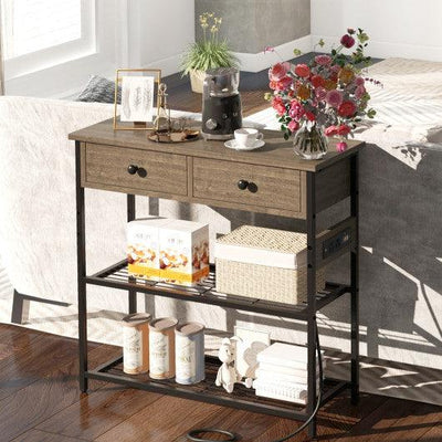 Narrow Console Table with 2 Drawers and 2 Metal Mesh Shelves-Gray