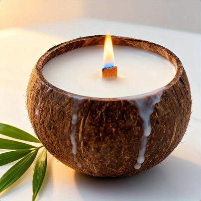 Natural Coconut Shell Candle - Tropical Beach Scented Soy Wax Candle in Coconut Bowl Holder, 3.94