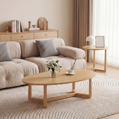 Nesting Coffee Table Set of 2 with Wood Veneered Top and Solid Rubber Wood Legs-Natural