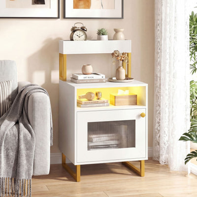 Nightstand with LED Lights Modern End Table with Top Tray Open Compartment and Storage Cabinet-White