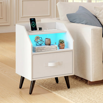 Nightstand with Power Outlets and Open Storage Shelf-White