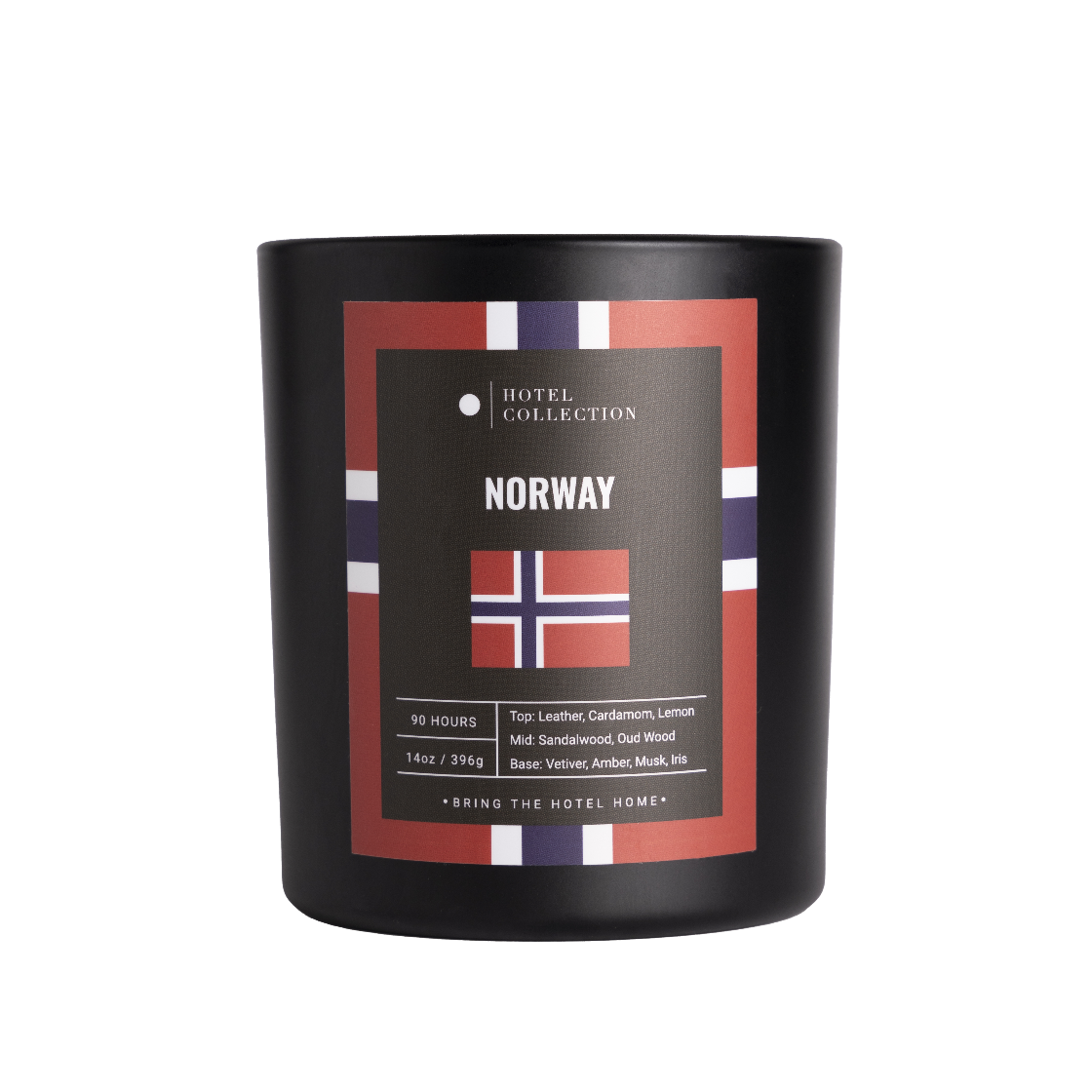 Black candle with Norway-themed label on a white background