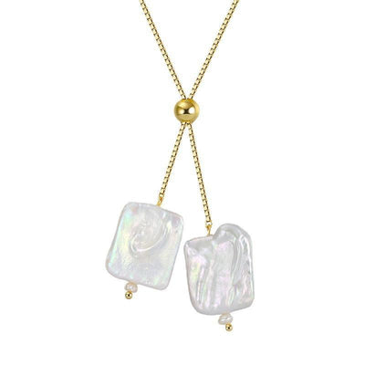 925 Sterling Silver Gold Plated Jewelry Square Baroque Pearl Chain Necklace Adjustable