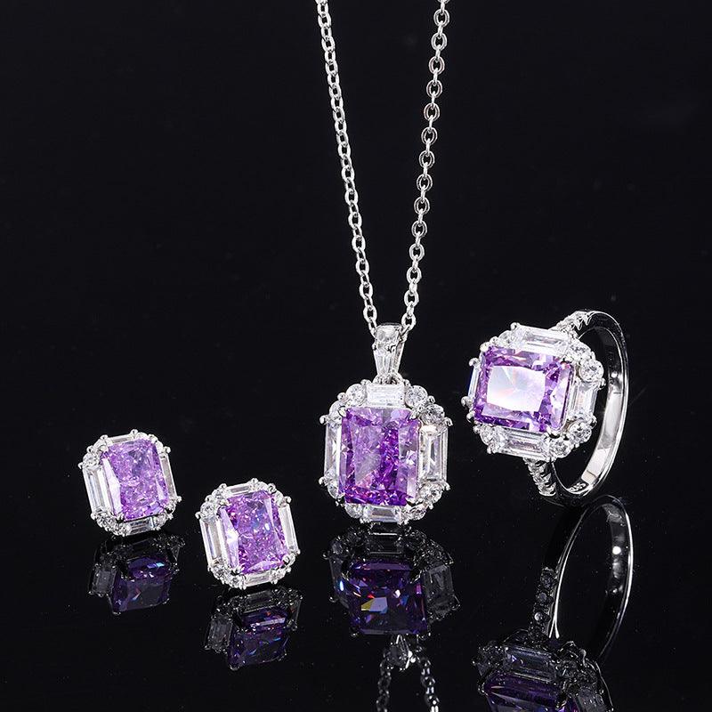 925 Sterling Silver Radiant Cut Simulated Gemstone Pendant Earrings Ring Jewelry Set