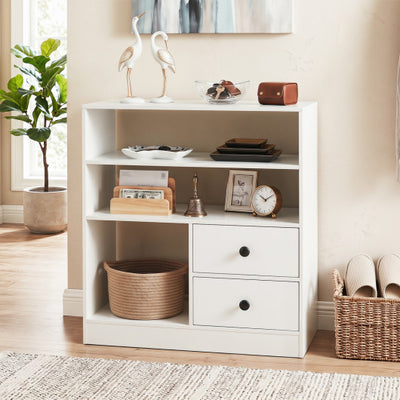Open Storage Cabinet with 3 Open Compartments and 2 Drawer-White
