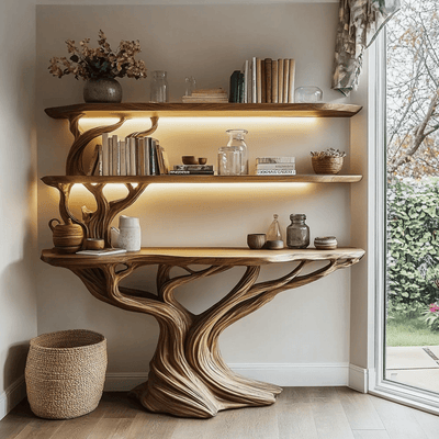 Orinthal Sculpted Solid Wood Console Table with Shelves