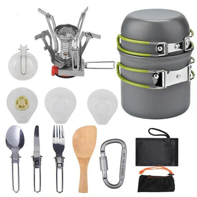 Outdoor Camping Cookware Backpacking Bowl Pot+ Mini Canister Stove Burner Foldable