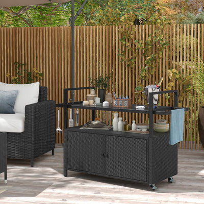 Outdoor Bar Cart Wicker Buffet Serving Cart with Cabinet and 8 Hooks-Black