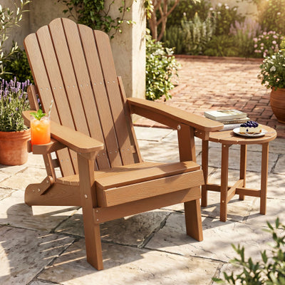 Outdoor Folding Adirondack Chair with Cup Holder and 5-Level Backrest-Coffee