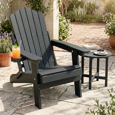Outdoor Folding Adirondack Chair with Cup Holder and 5-Level Backrest-Black