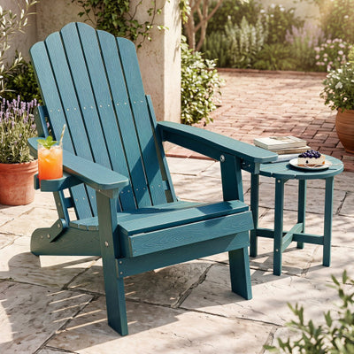 Outdoor Folding Adirondack Chair with Cup Holder and 5-Level Backrest-Green