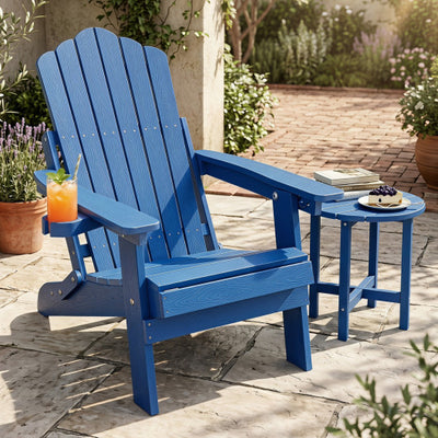 Outdoor Folding Adirondack Chair with Cup Holder and 5-Level Backrest-Navy